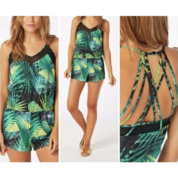 Fabletics Dash Romper Tropical Rainforest Strappy Mesh Palm Leaf Print - Picture 9 of 9